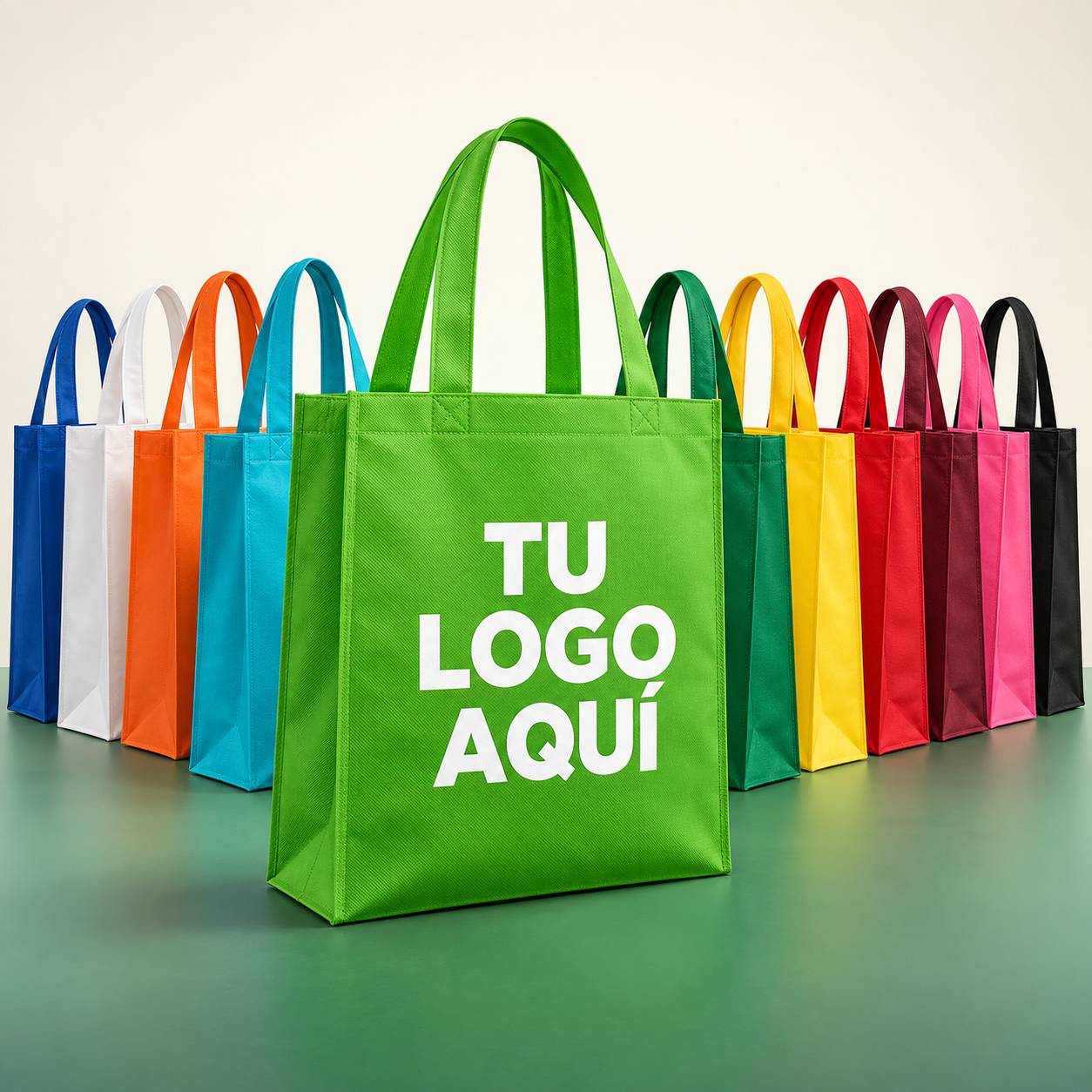 Bolsas ecológicas de varios colores con el texto Tu Logo Aquí en la bolsa principal